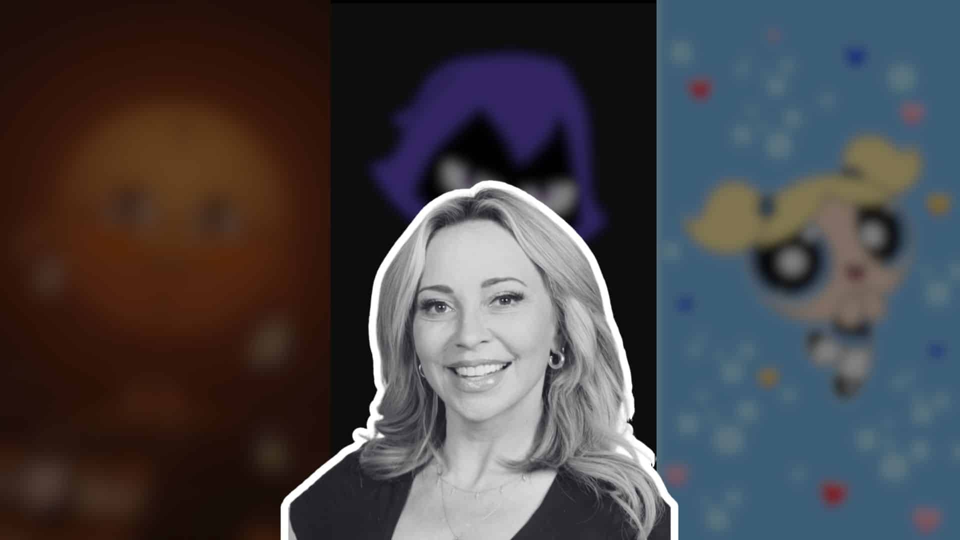 Tara Strong portrait in the center with animated characters she voiced in the background