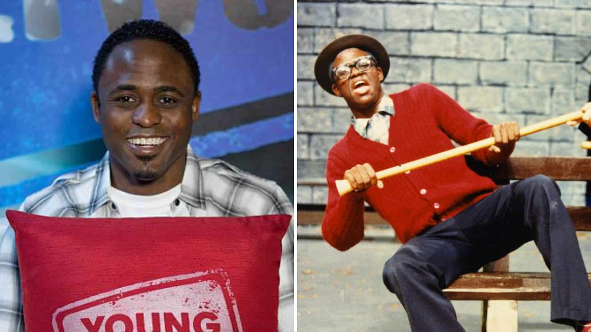 Wayne Brady smiling in a studio on the left and a younger version of him posing playfully with a bat on the right