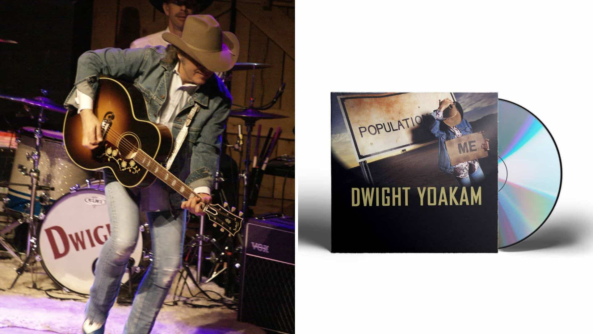 Dwight Yoakam performing on stage, guitar, plus album cover and CD on a white background