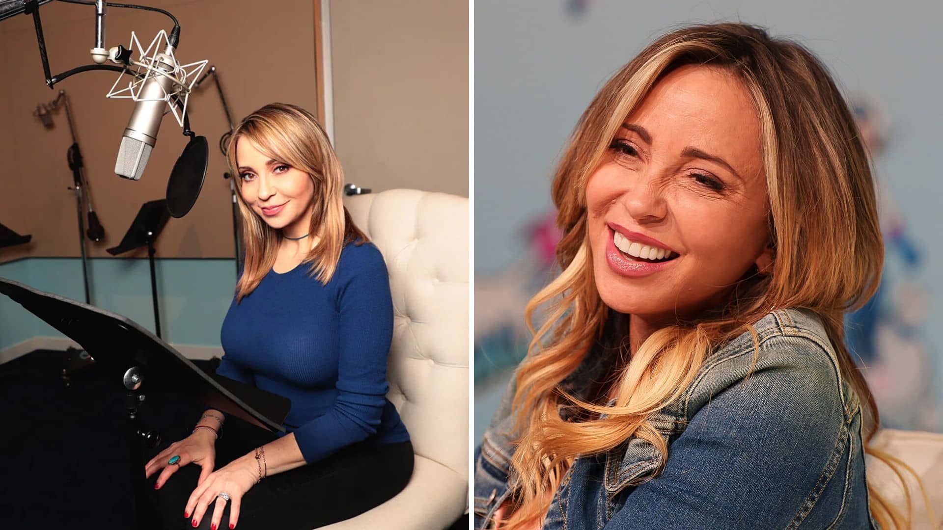 Tara Strong in a recording studio sitting at a microphone setup on the left, and a close-up of her smiling warmly on the right