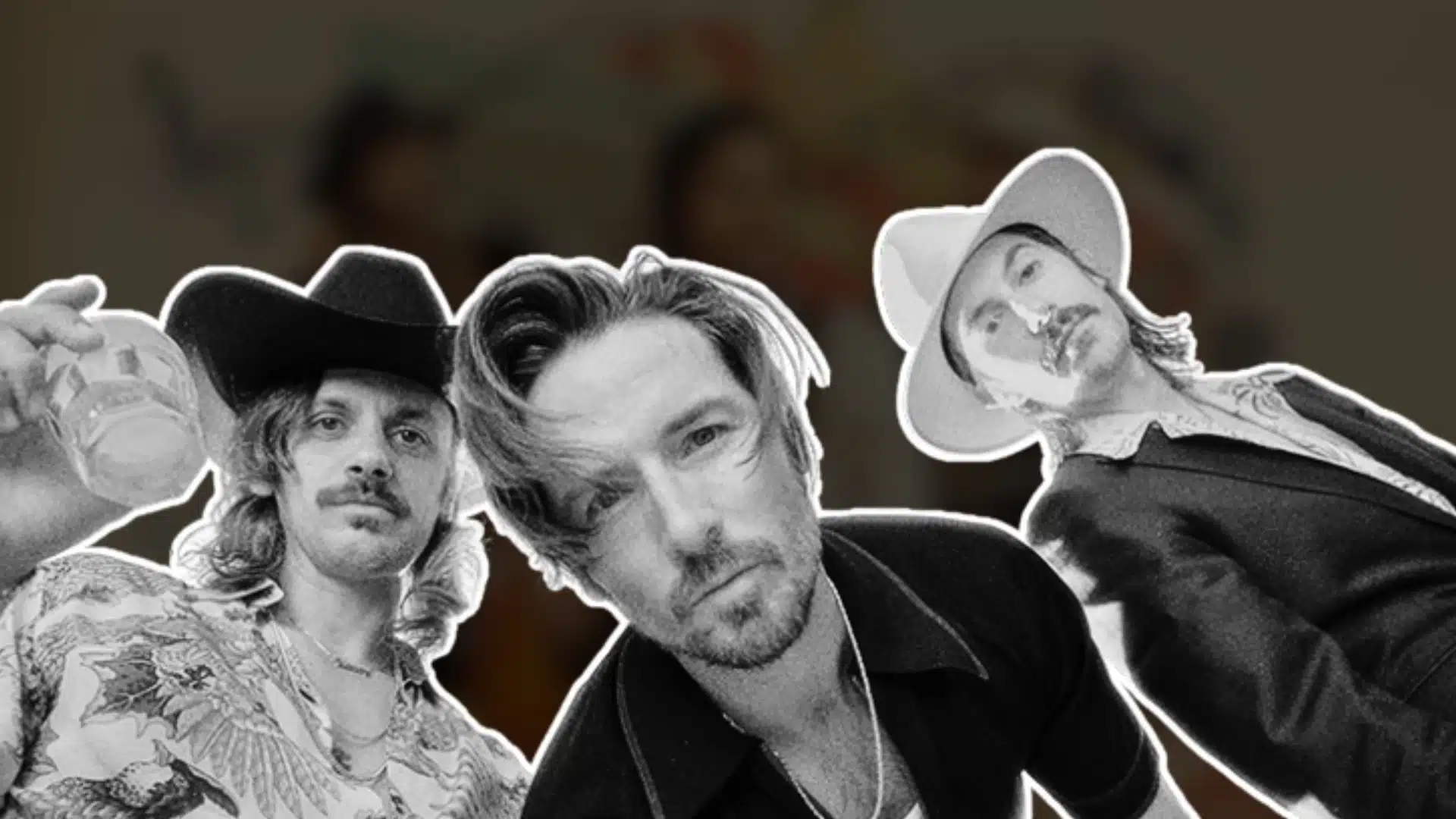 Midland band members collage, black-and-white portraits over blurred background