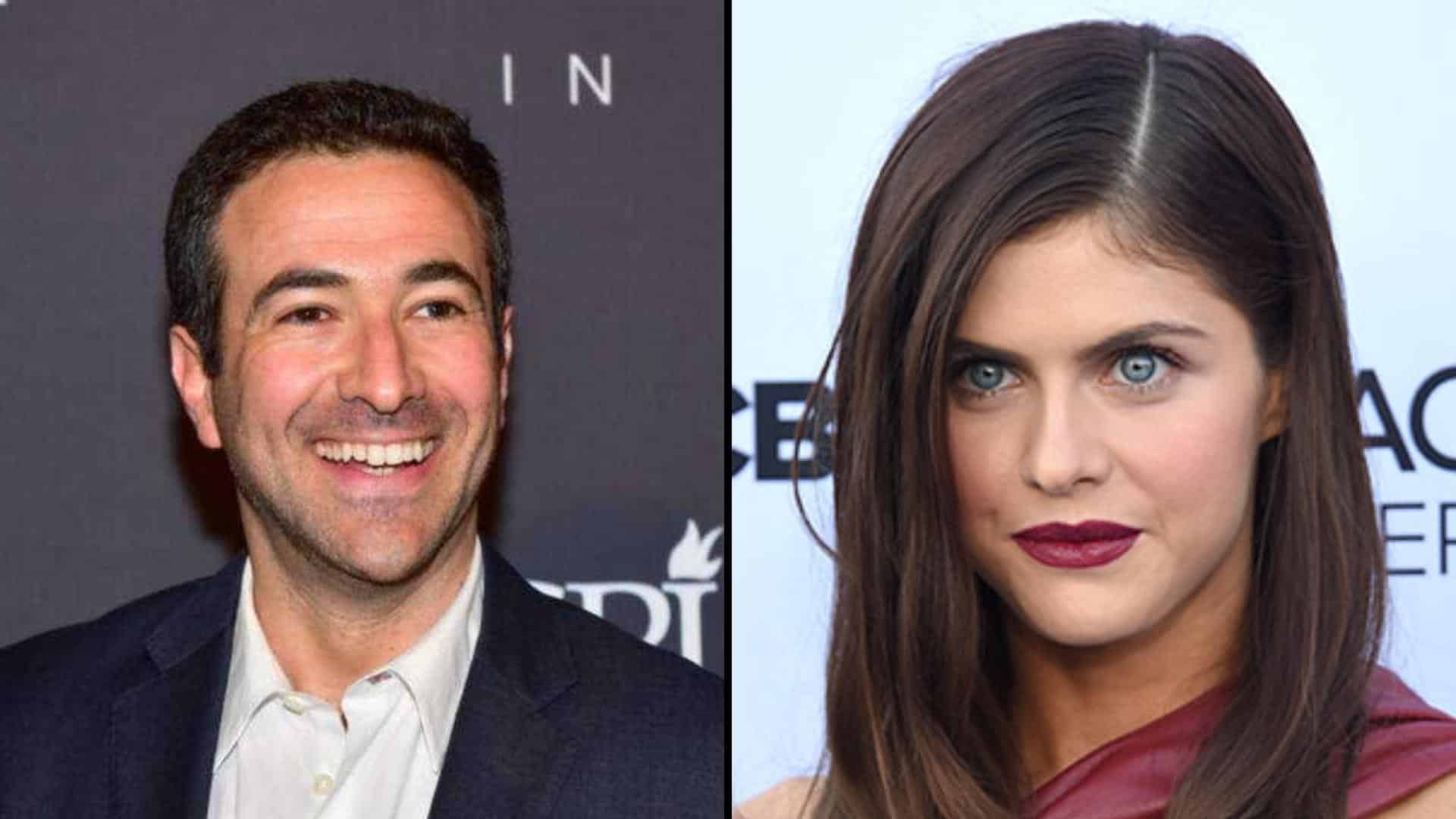 ari melber and alexandra daddario shown side by side in a composite image