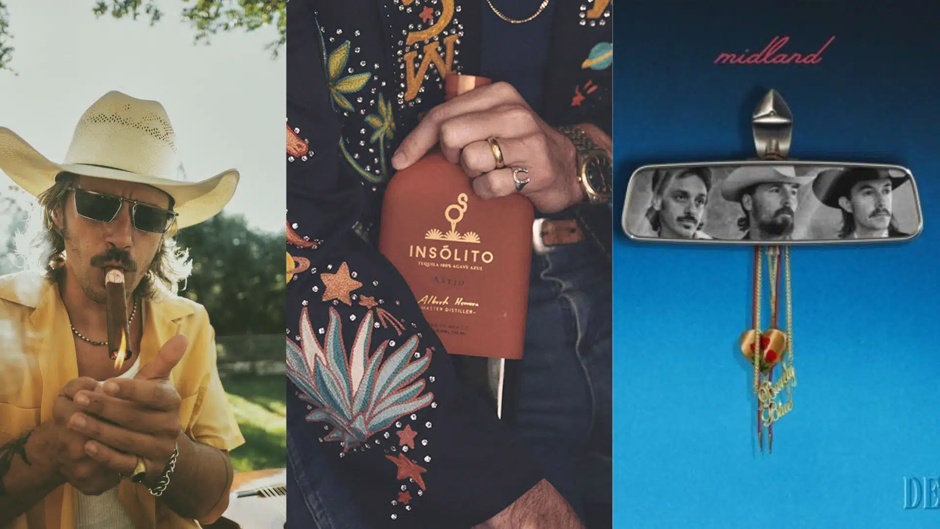 Midland member lighting cigar, tequila bottle close-up, album art with blue background