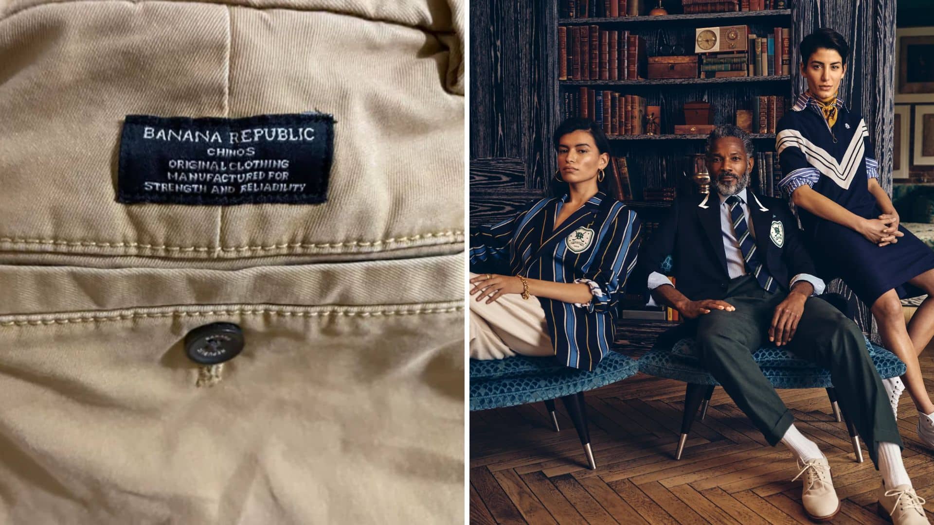 Banana Republic chinos label close-up; stylish group seated in classic, upscale library setting