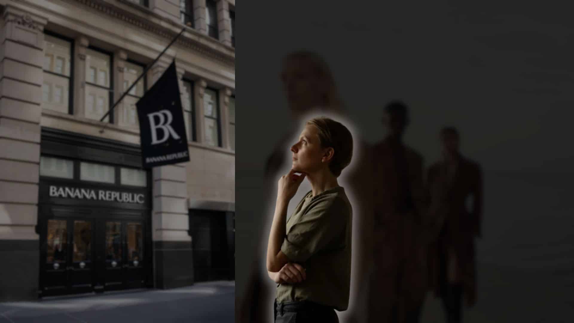 Banana Republic storefront and thoughtful woman, blurred background suggesting ethical shopping consideratio