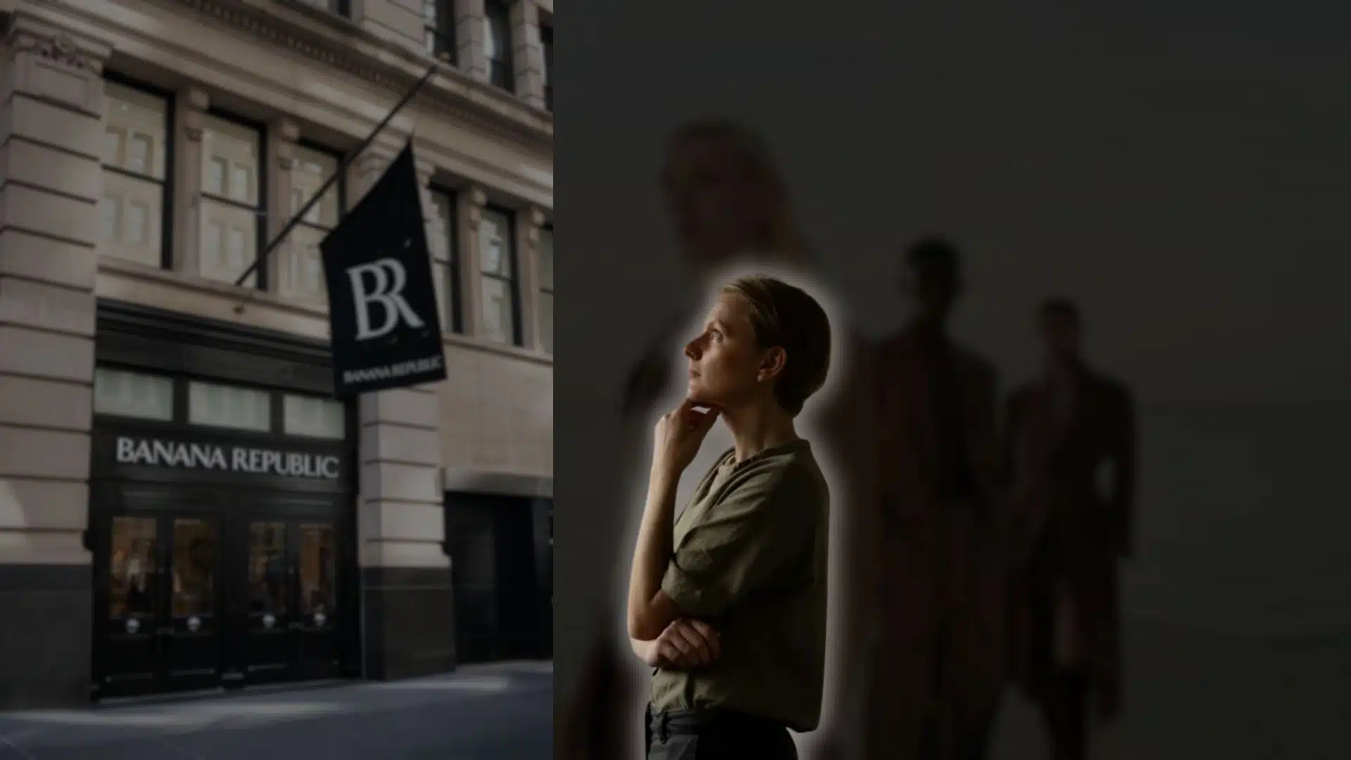 Banana Republic storefront and thoughtful woman, blurred background suggesting ethical shopping consideratio