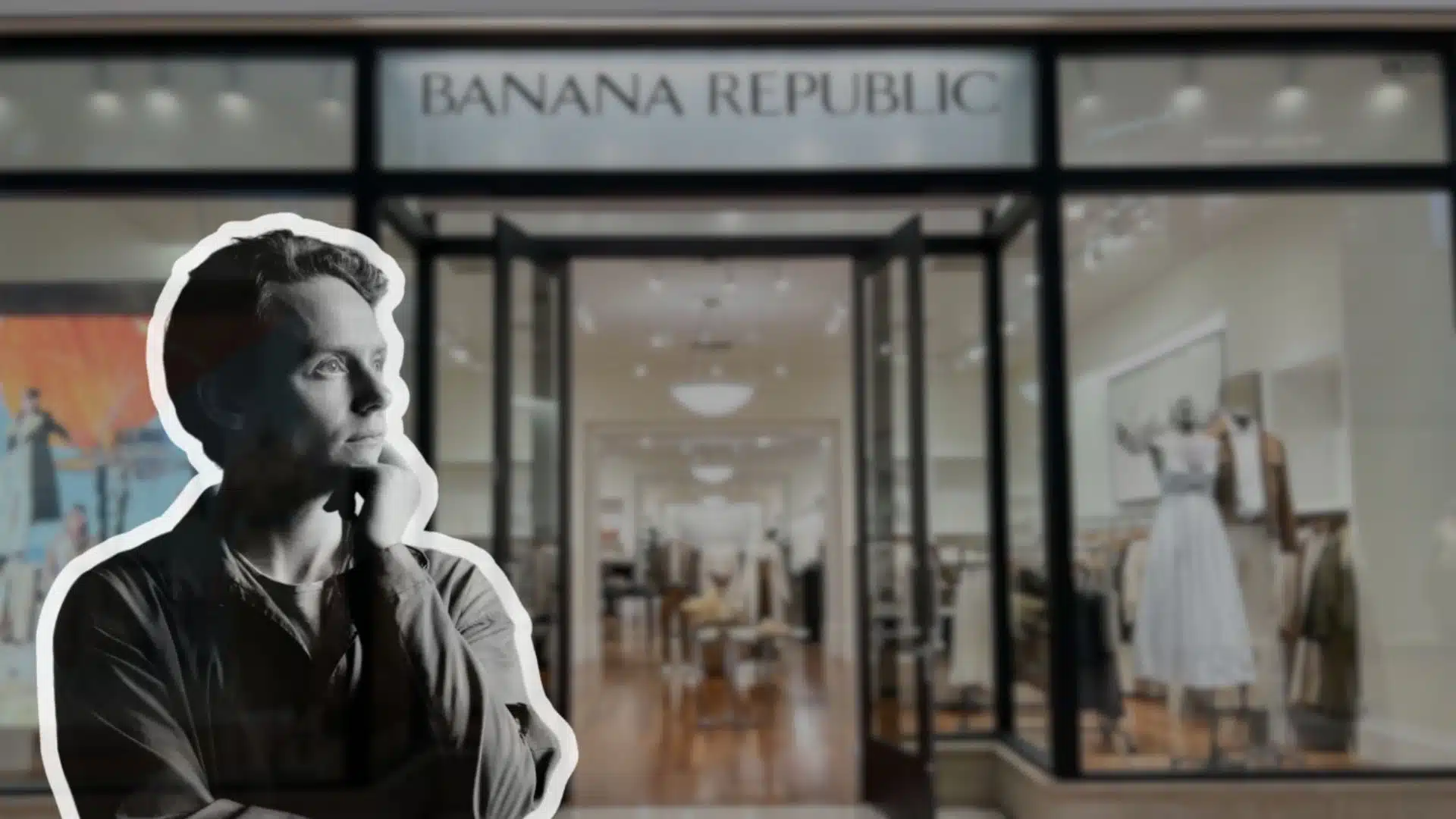 Thoughtful man in foreground with blurred Banana Republic store interior background