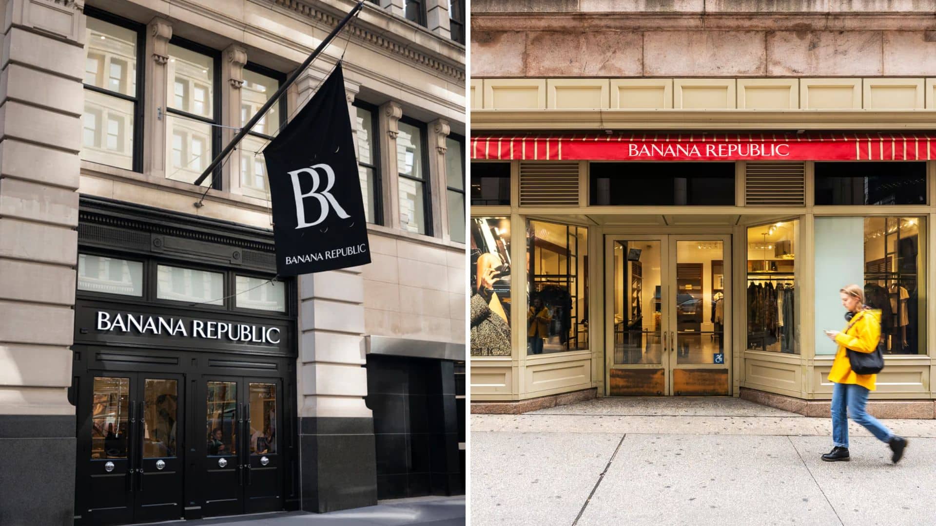 Banana Republic storefronts on city street, classic exterior with signage and window displays