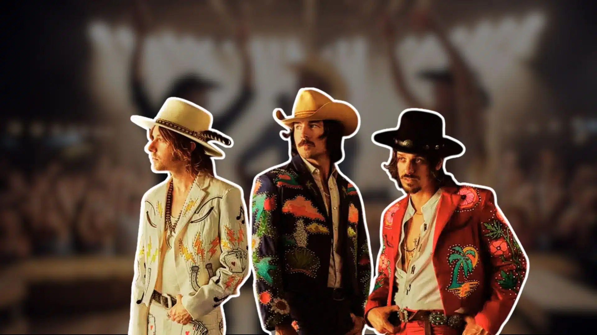 Midland band members in colorful western outfits, cutout over blurred concert crowd background