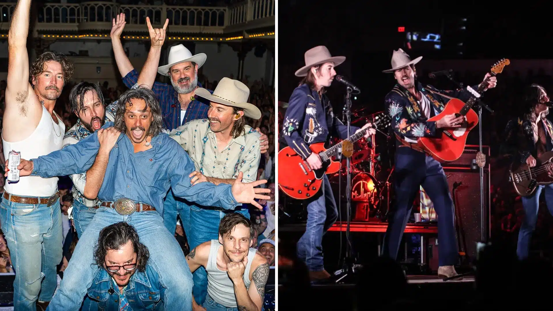 Midland band celebrating with crowd and performing live on stage, concert background