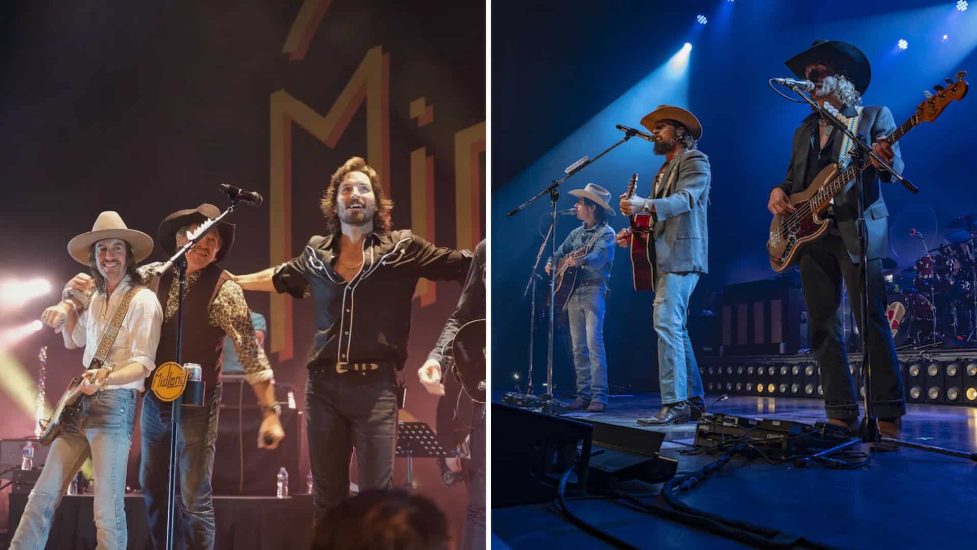 Midland band performing live on stage with guitars, bright concert lights in background
