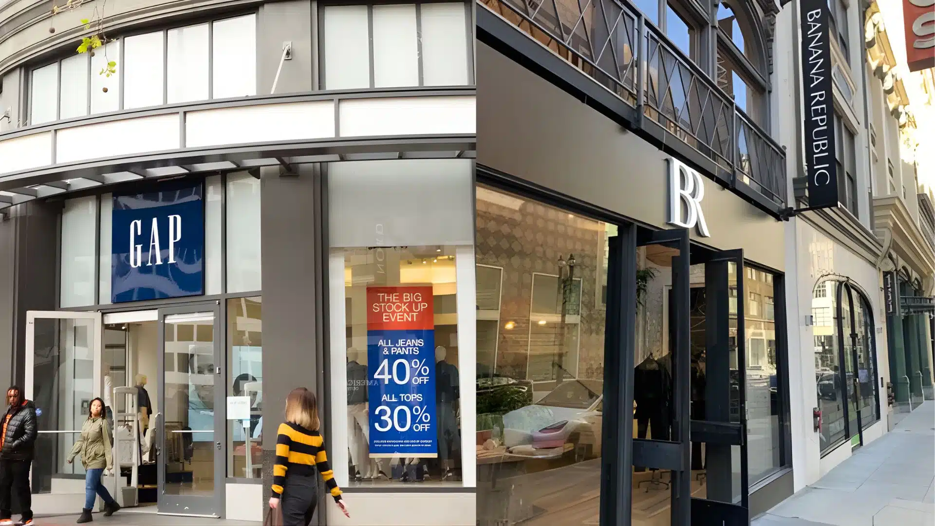 Side-by-side view of GAP and Banana Republic retail storefronts on a city street.