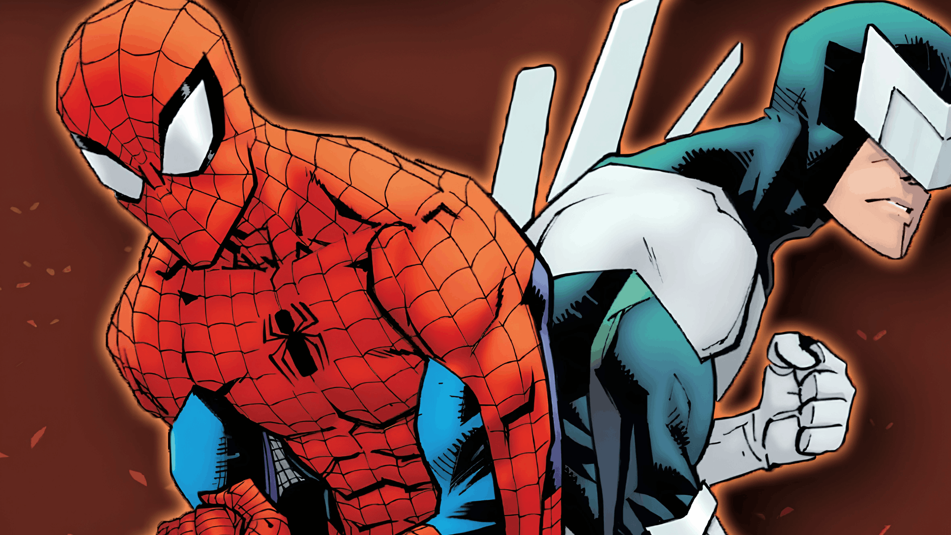 Spider-Man and Boomerang stand back-to-back in a comic-style illustration with a dramatic action backdrop.
