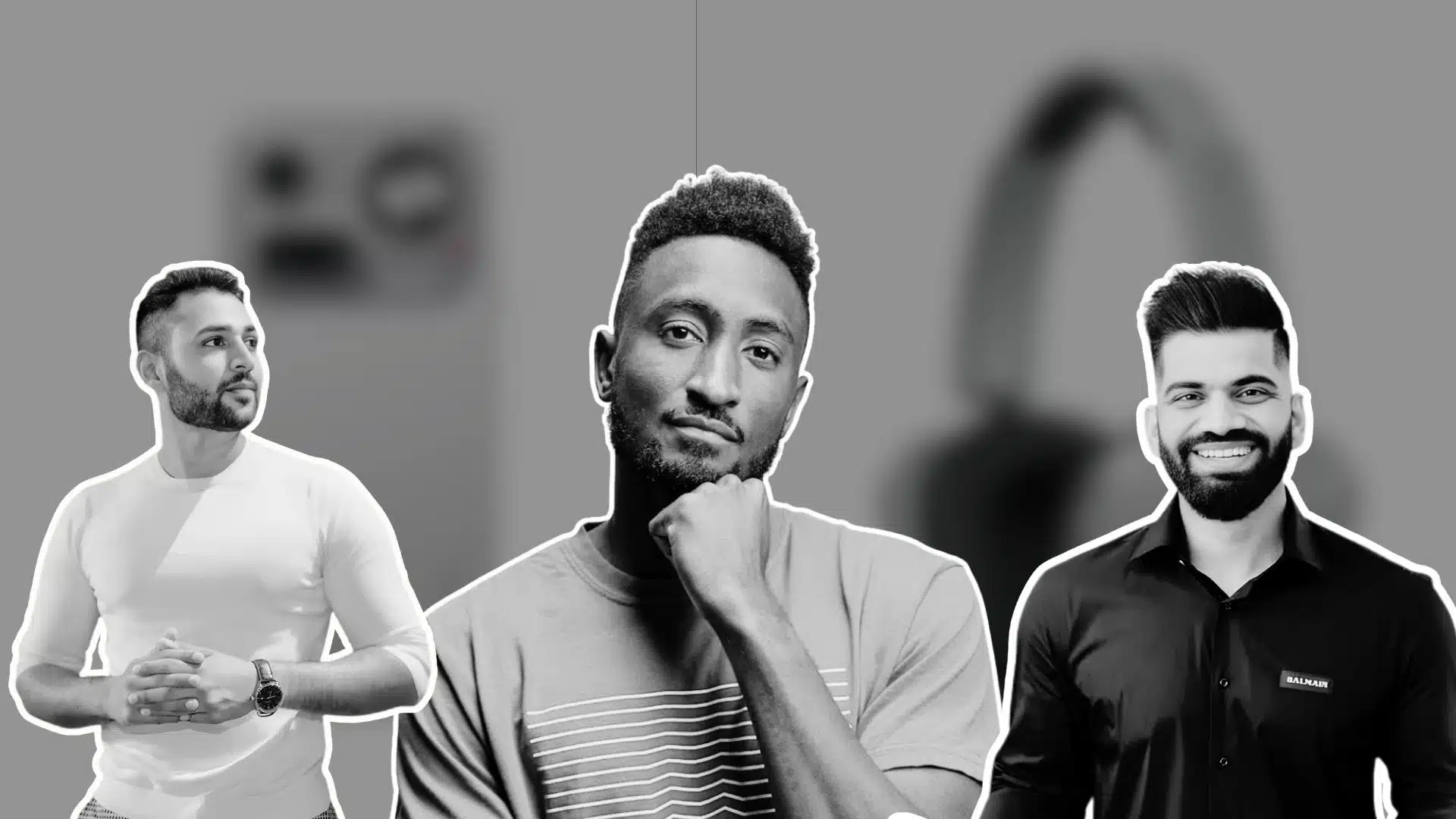 Collage of three tech influencers with central portrait and two side figures in grayscale