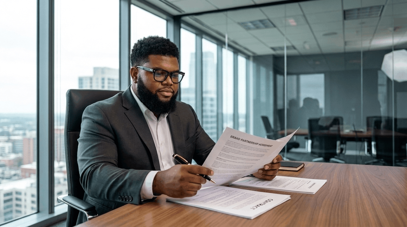 Druski reviewing brand deal contract in a modern office setting.