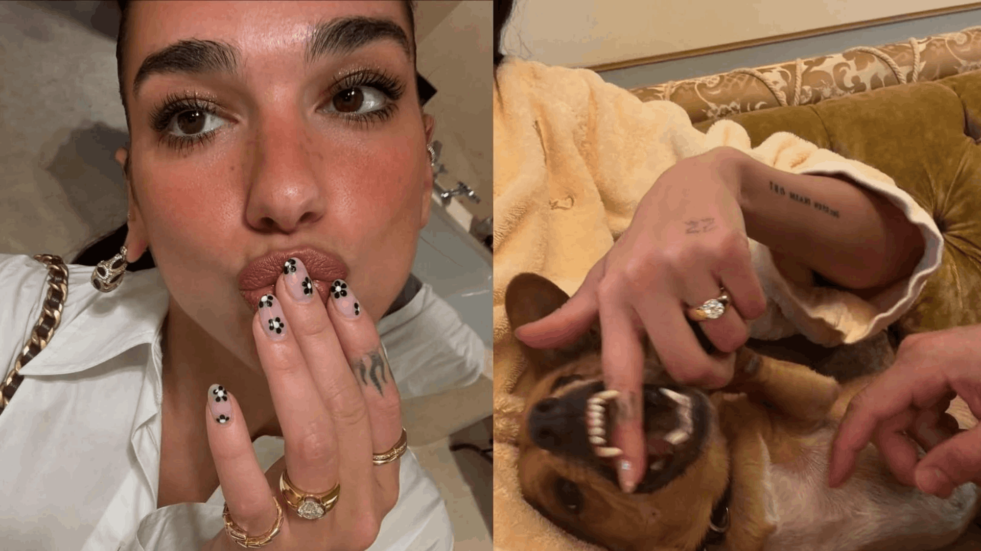 Close-up of Dua Lipa showing a diamond engagement ring.