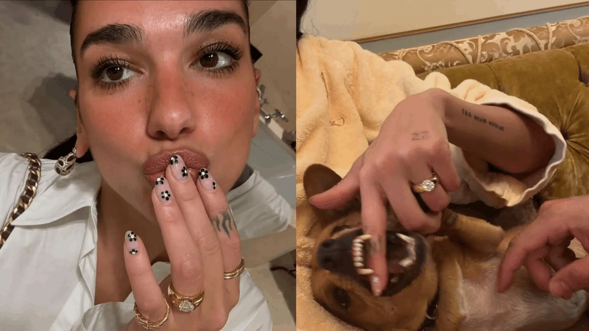 Close-up of Dua Lipa showing a diamond engagement ring.