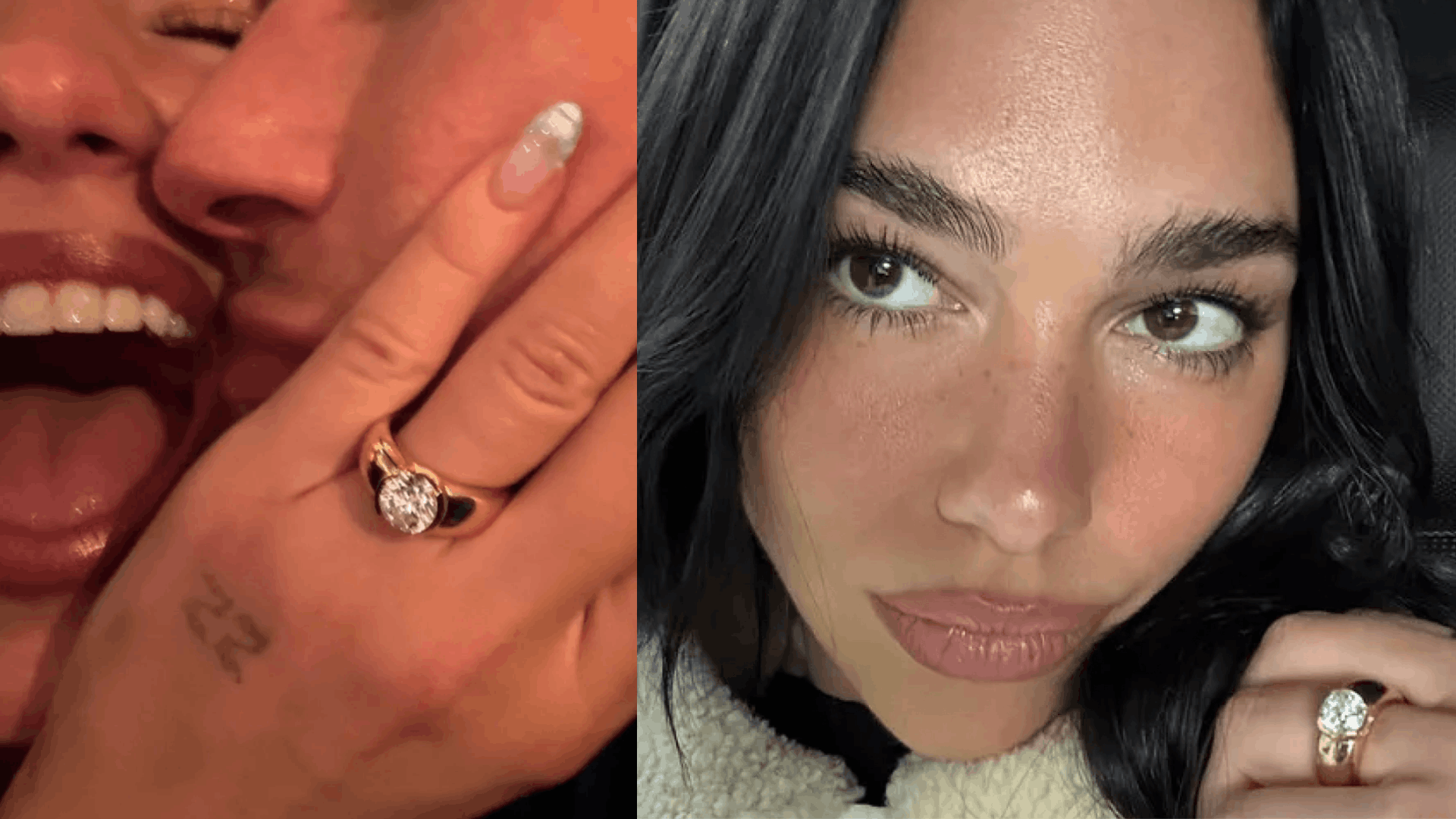 Dua Lipa showing her diamond engagement ring in a close-up selfie.