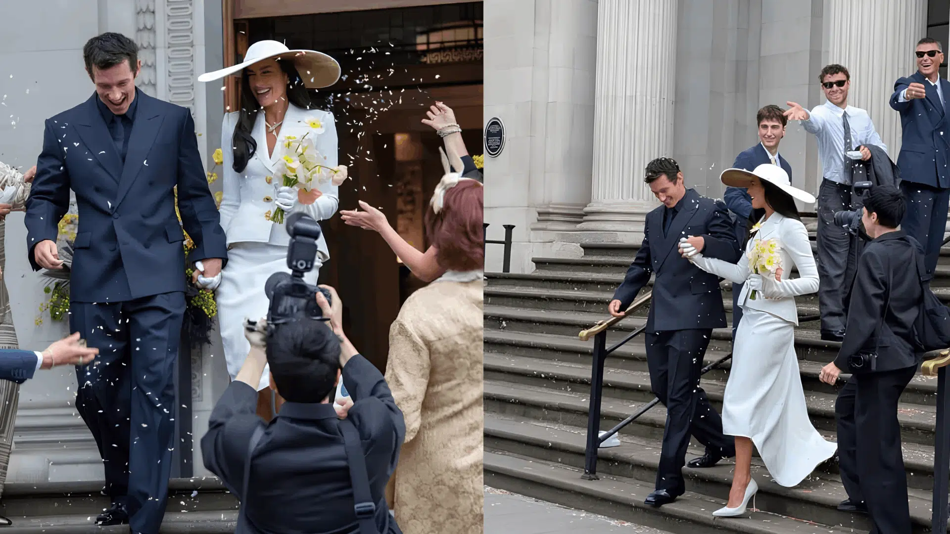 Dua Lipa and Callum Turner in their wedding outfits outside a ceremony venue