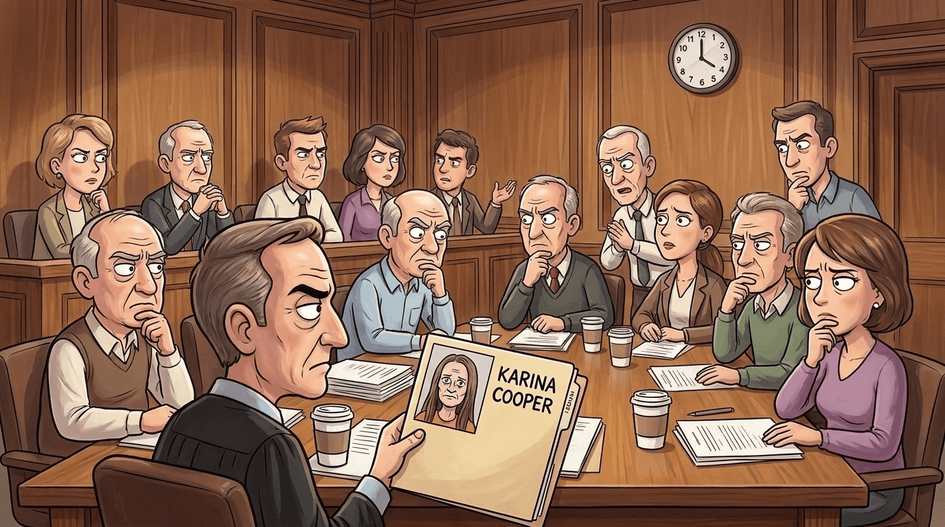 Jury deliberates in court, with a focus on Karina Cooper’s photo in the evidence folder.