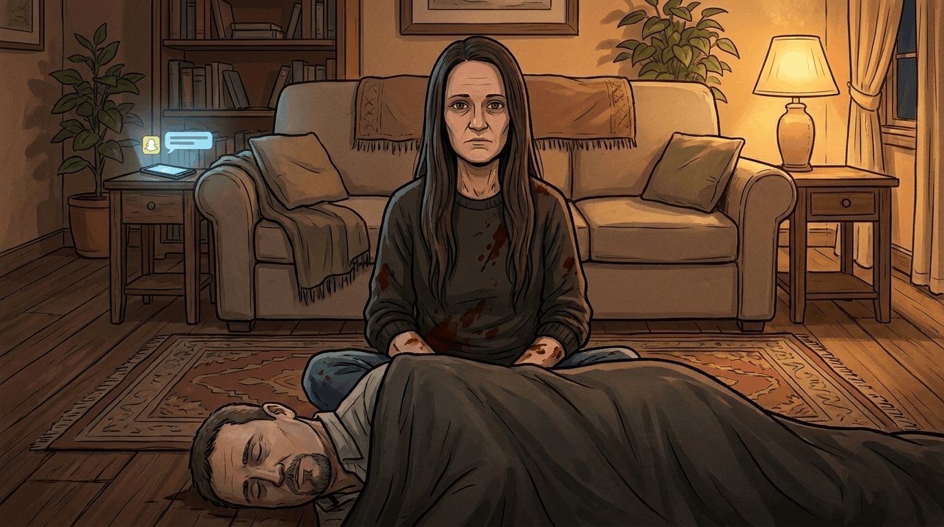 Karina Cooper sitting on her husband's lifeless body, bloodstained and emotionless, awaiting police arrival.