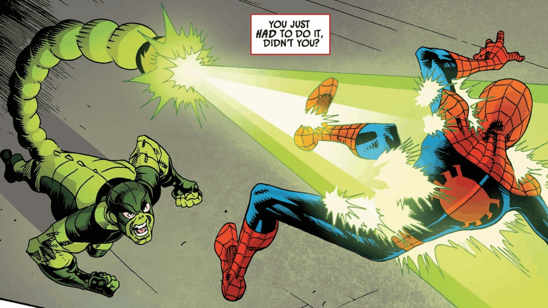 Scorpion fires a powerful energy blast at Spider-Man during an intense comic-book confrontation.
