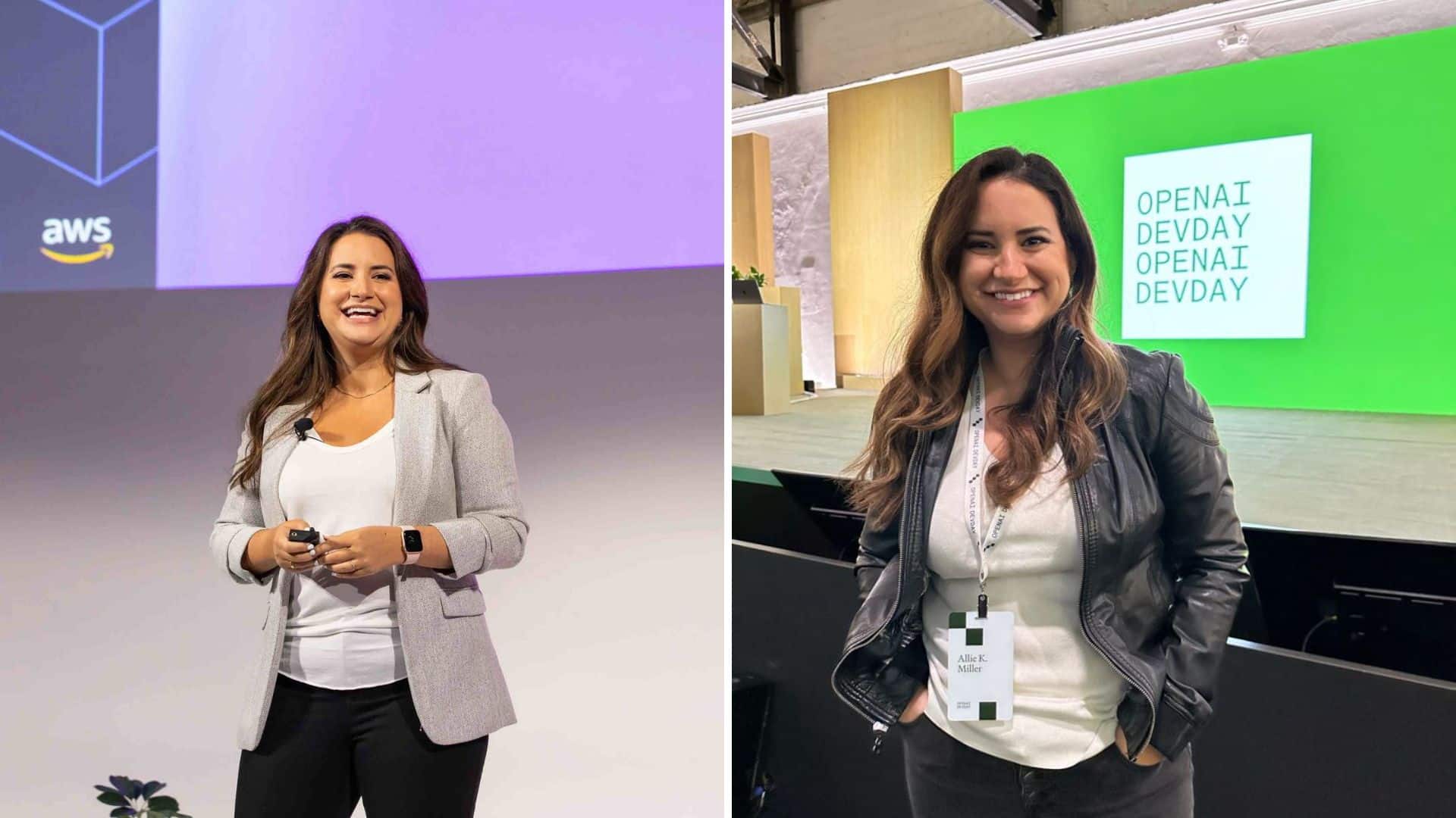Split screen with Allie K Miller speaking on left and posing at OpenAI event on right
