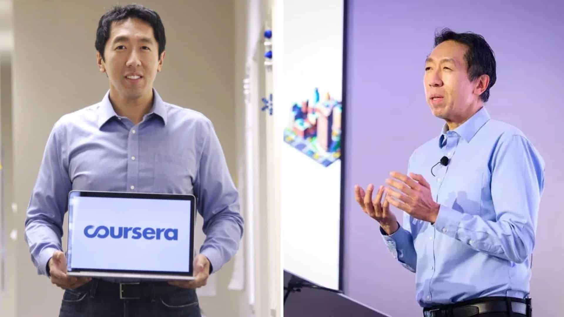 Split screen with Andrew Ng holding Coursera laptop on left and speaking on right