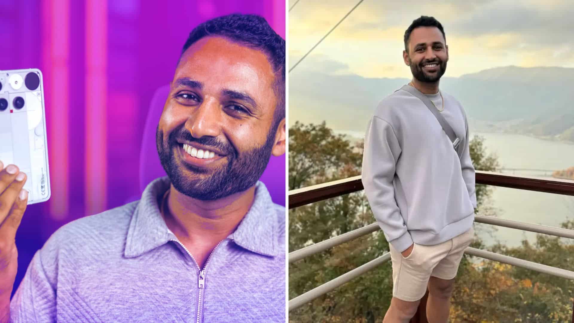 Split screen with Arun Maini holding phone on left and smiling outdoors on right