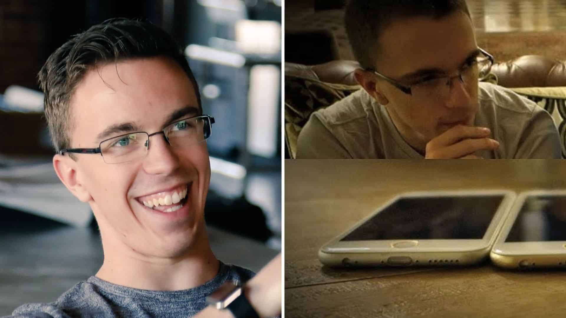 Split screen with Austin Evans smiling on left and reviewing phones on right