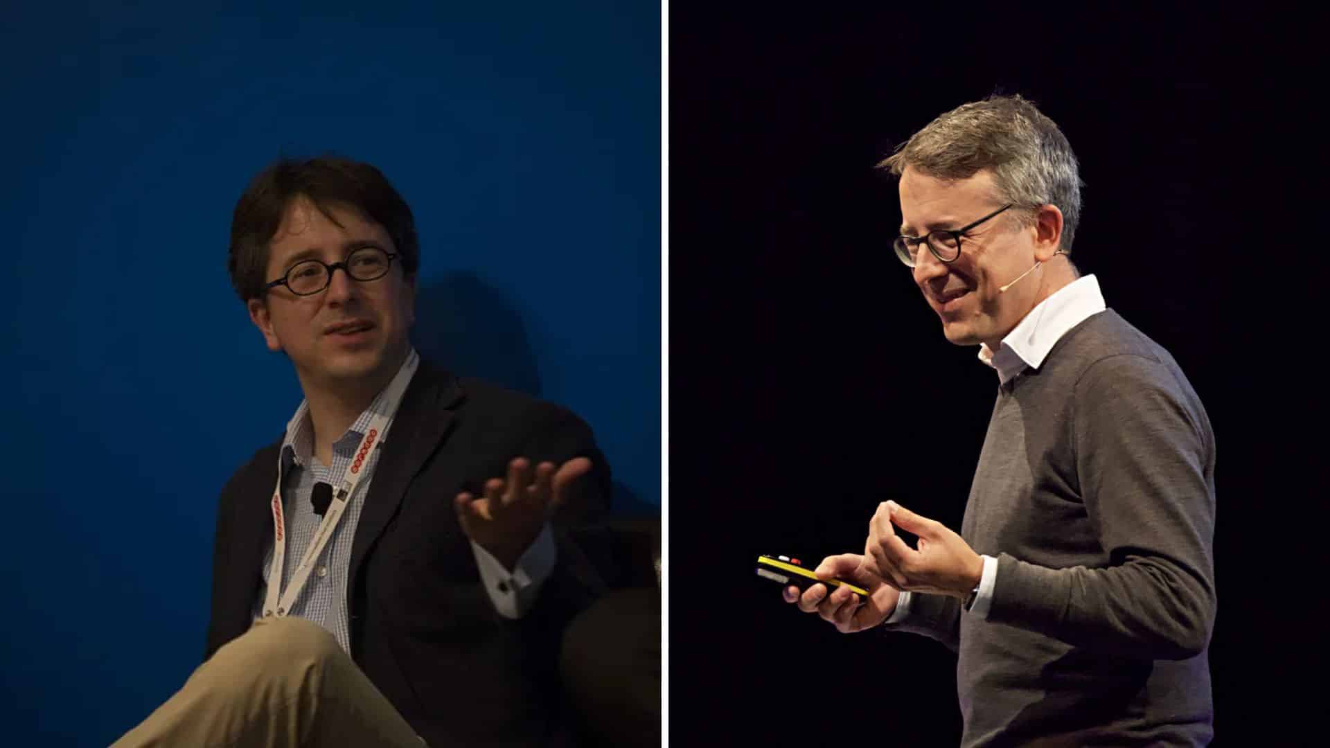 Split screen with Benedict Evans speaking on left and presenting on stage on right