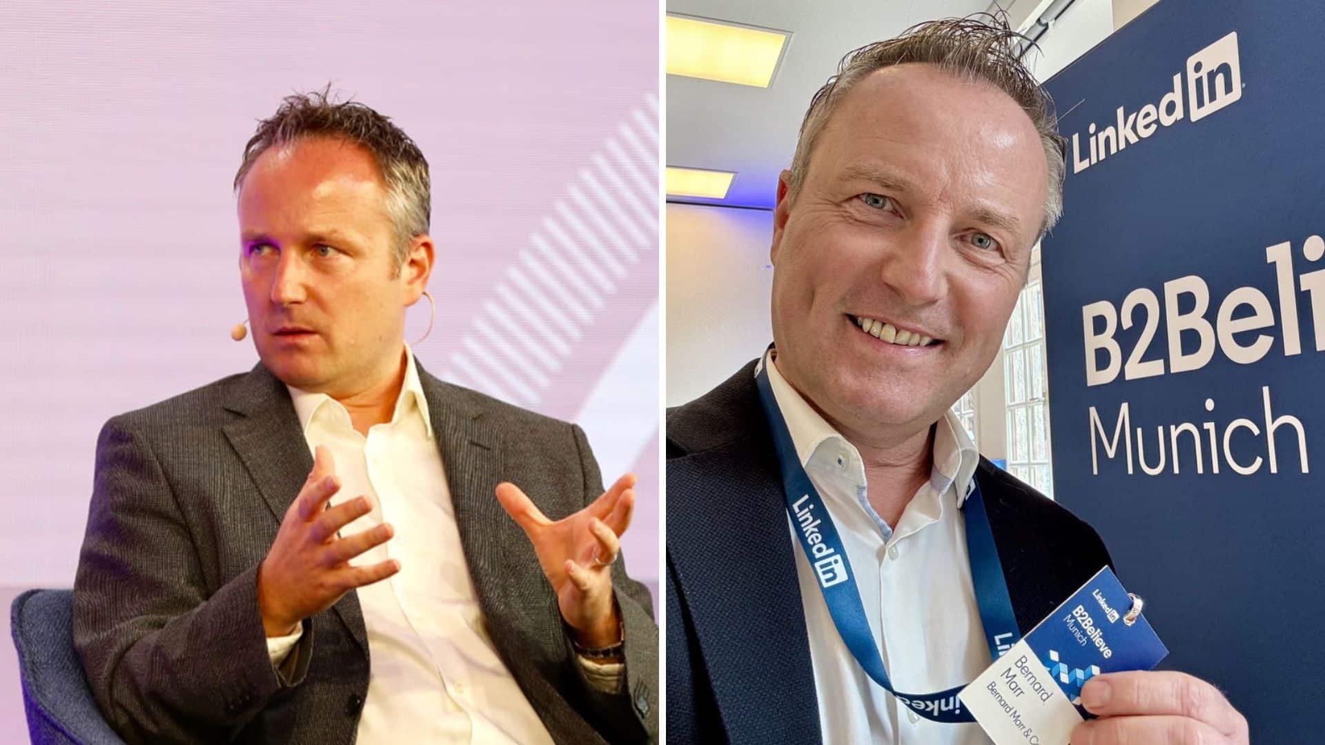Split screen with Bernard Marr speaking on left and smiling at LinkedIn event on right