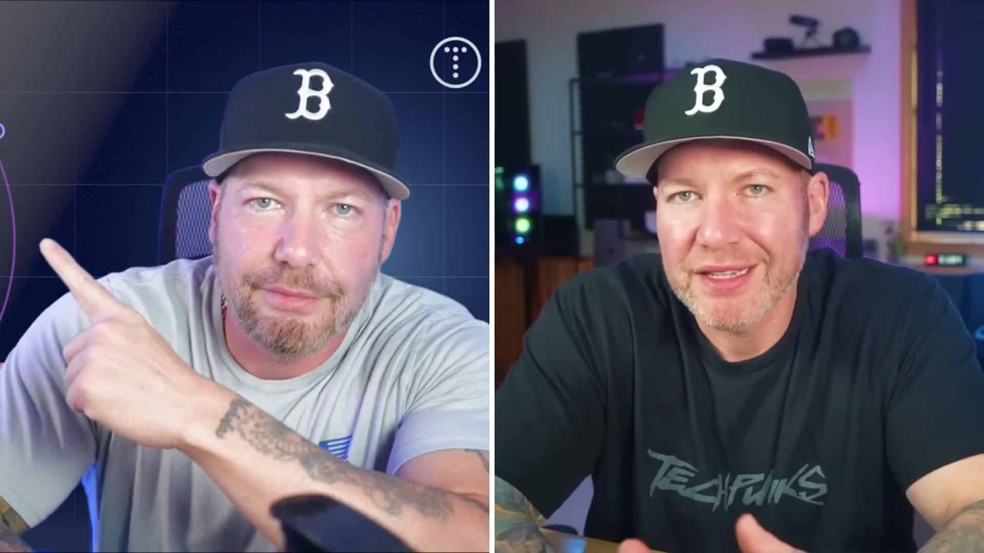 Split screen with Brad Traversy pointing on the left and speaking in the studio on the right
