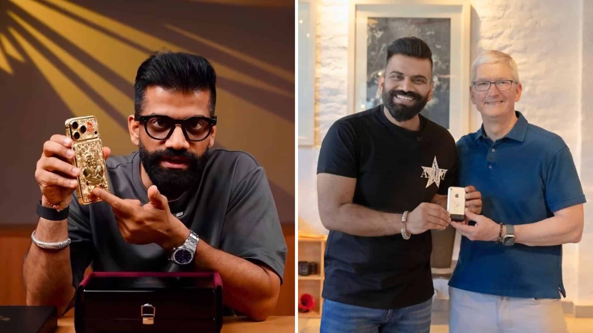 Split screen with Gaurav Chaudhary showing gold phone on left and standing with Tim Cook on right