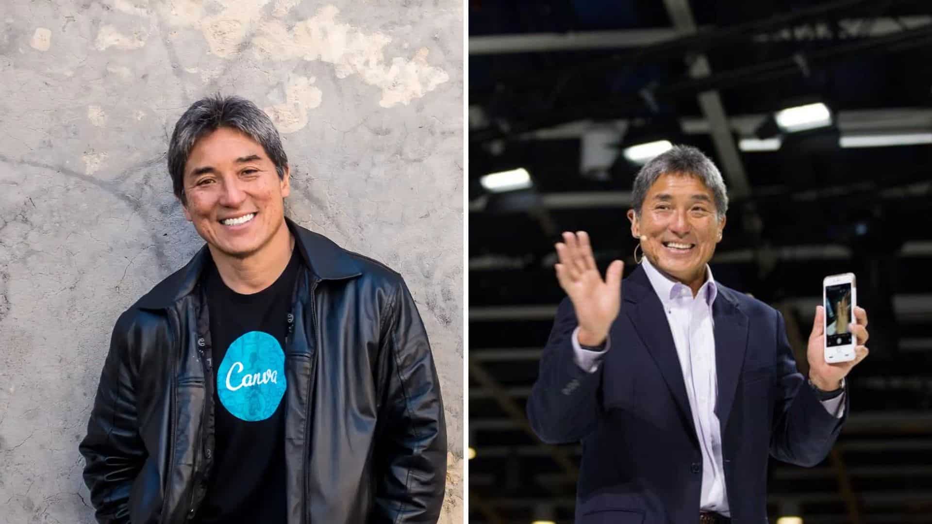 Split screen with Guy Kawasaki smiling on left and presenting smartphone on right