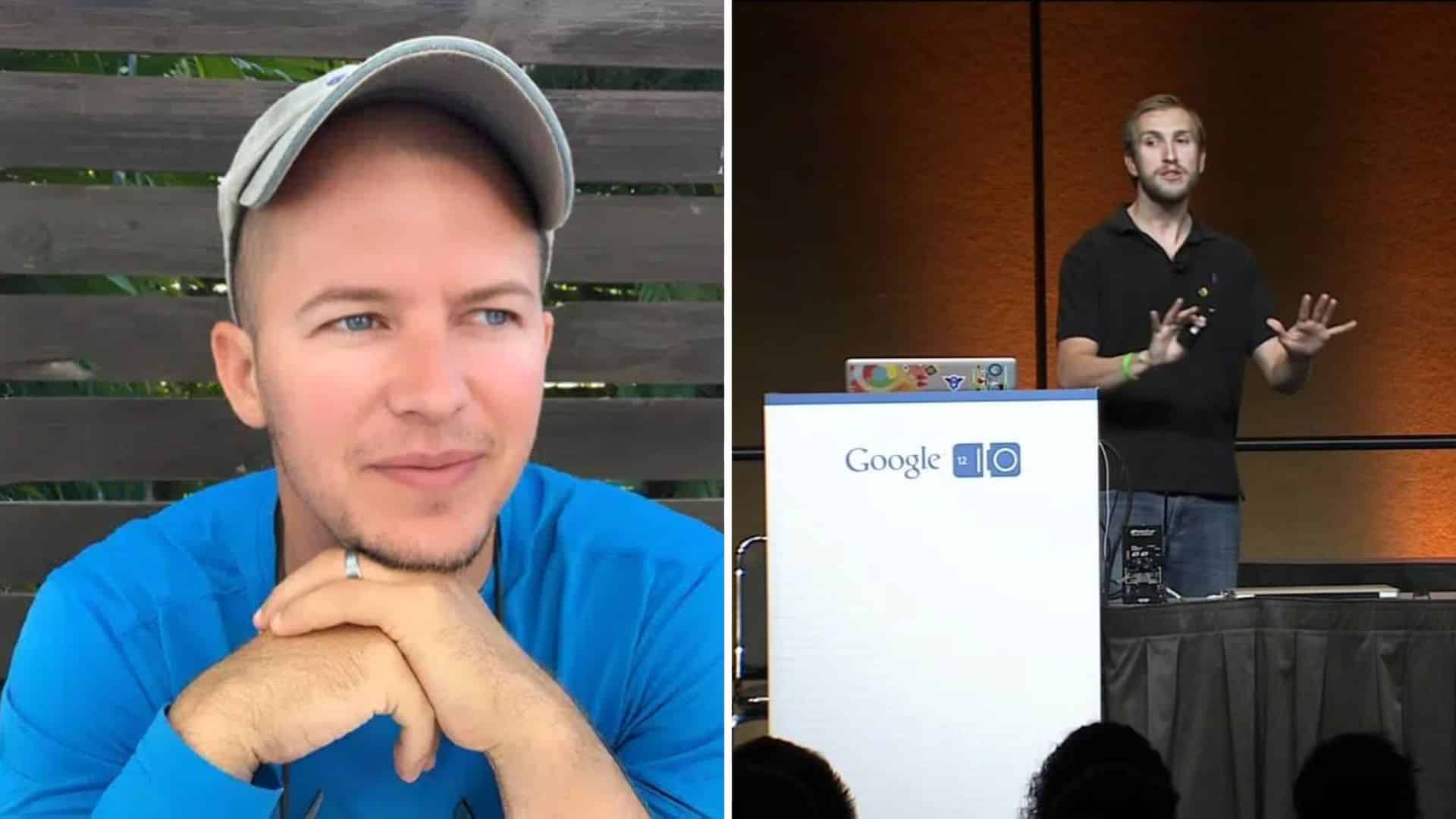 Split screen with Jeff Delaney thinking on left and presenting at Google event on right