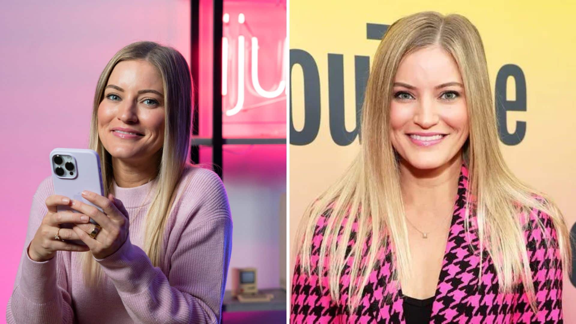Split screen with Justine Ezarik holding phone on left and posing at event on right
