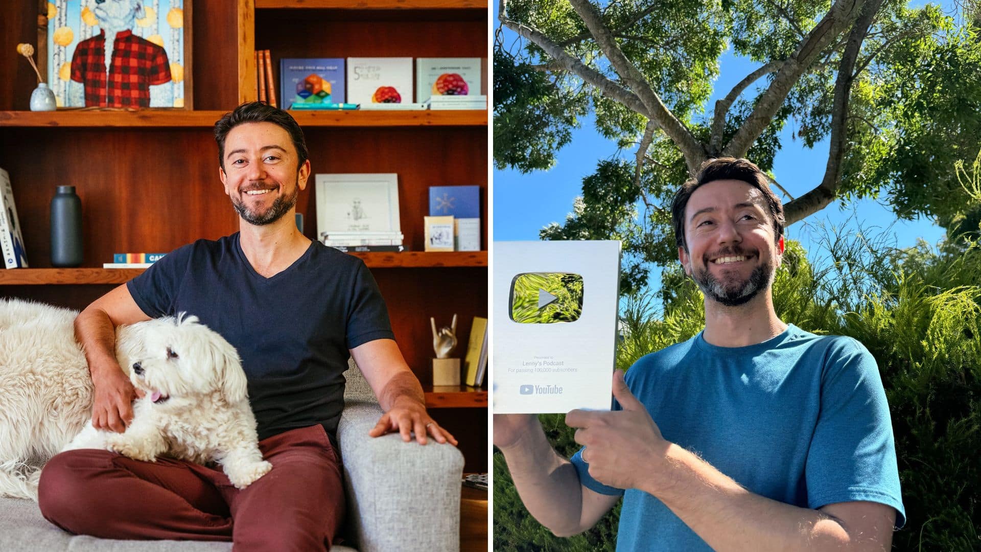 Split screen with Lenny Rachitsky sitting with dog on left and holding YouTube award on right