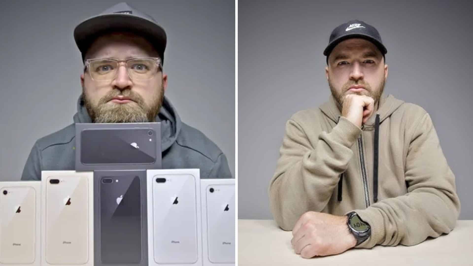 Split screen with Lewis Hilsenteger holding iPhones on left and posing thoughtfully on right