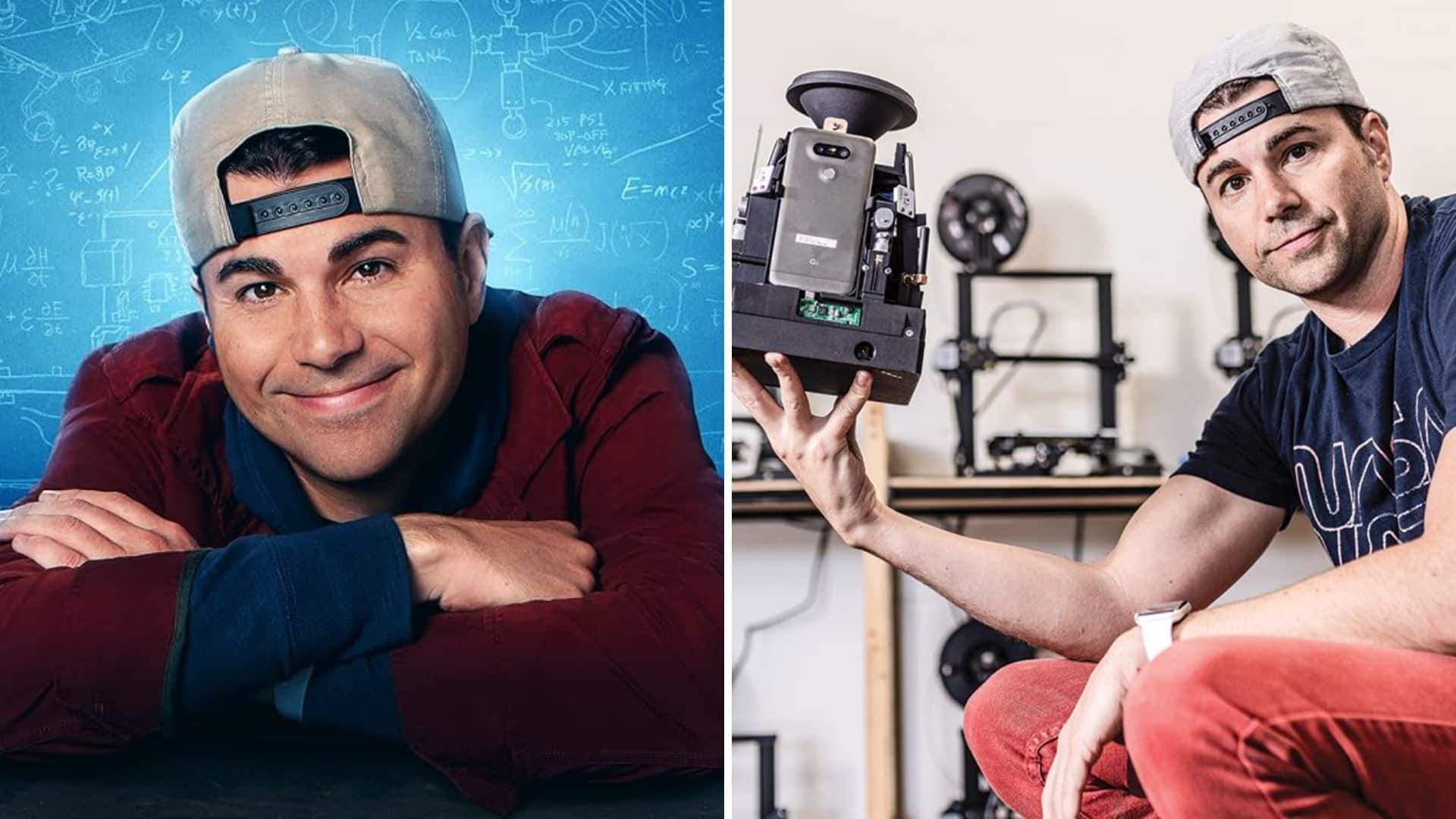 Split screen with Mark Rober smiling on left and holding engineering device on right