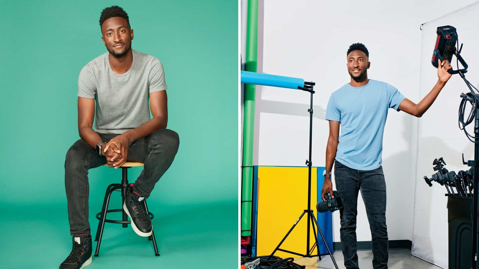 Split screen with Marques Brownlee seated on left and holding camera gear on right