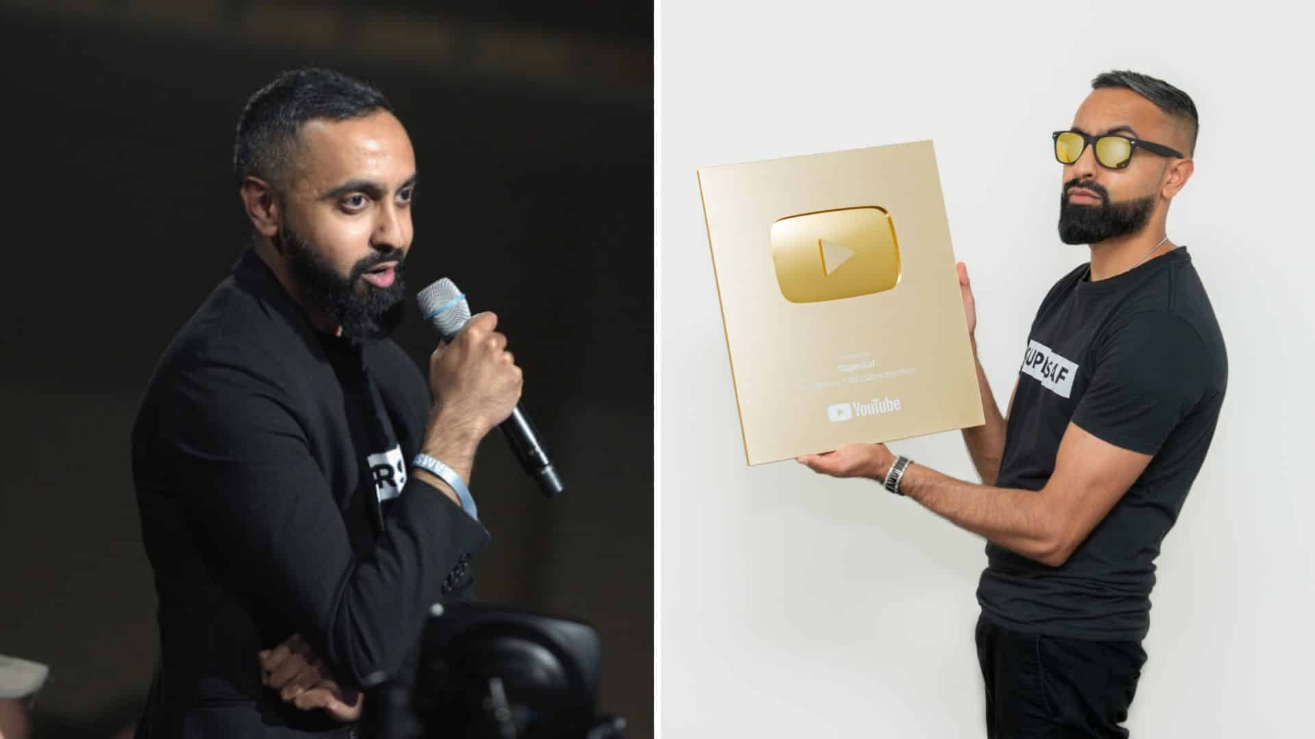 Split screen with Safwan Ahmedmia speaking on left and holding YouTube award on right