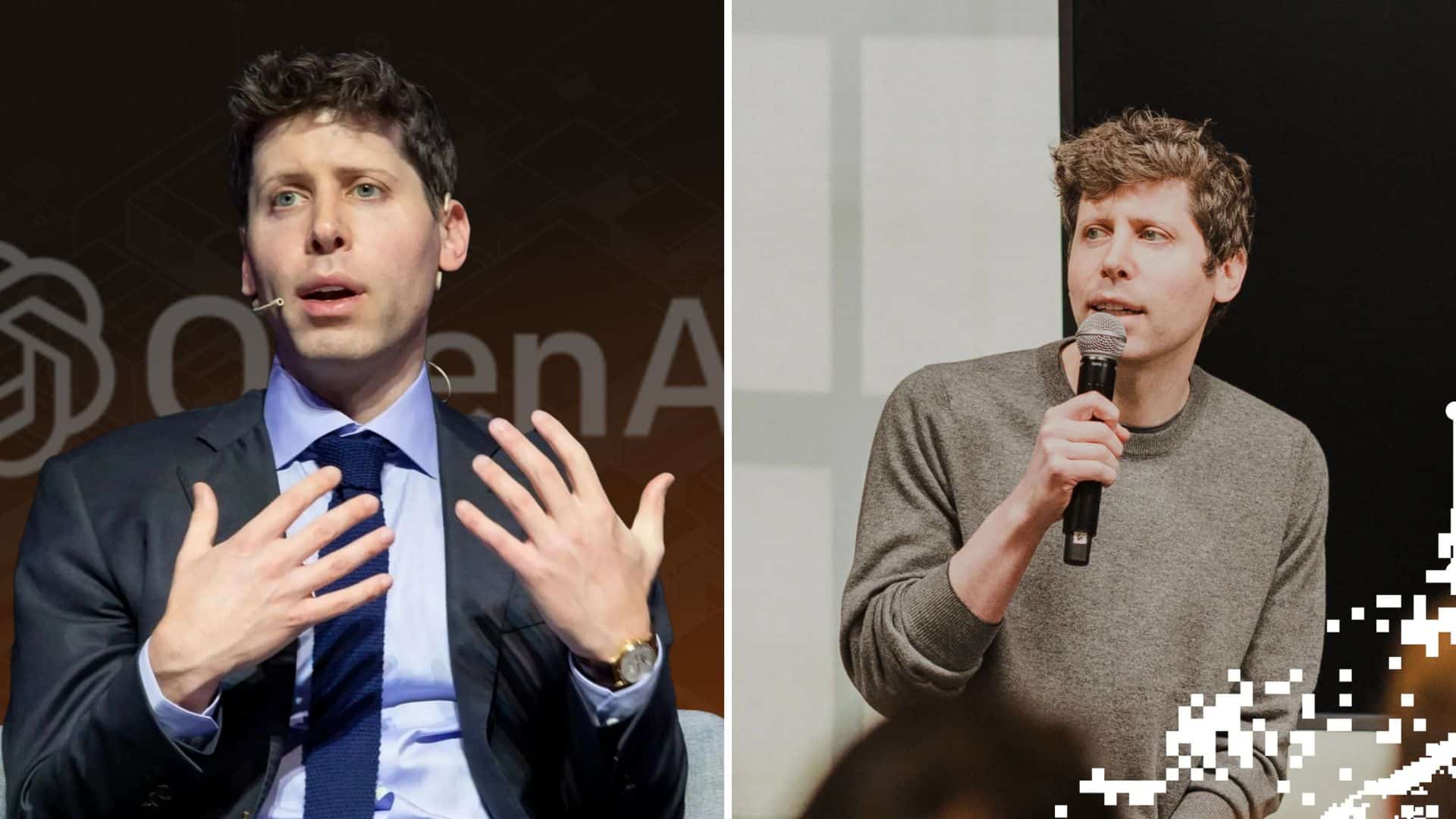 Split screen with Sam Altman speaking on the left and holding a microphone on the right