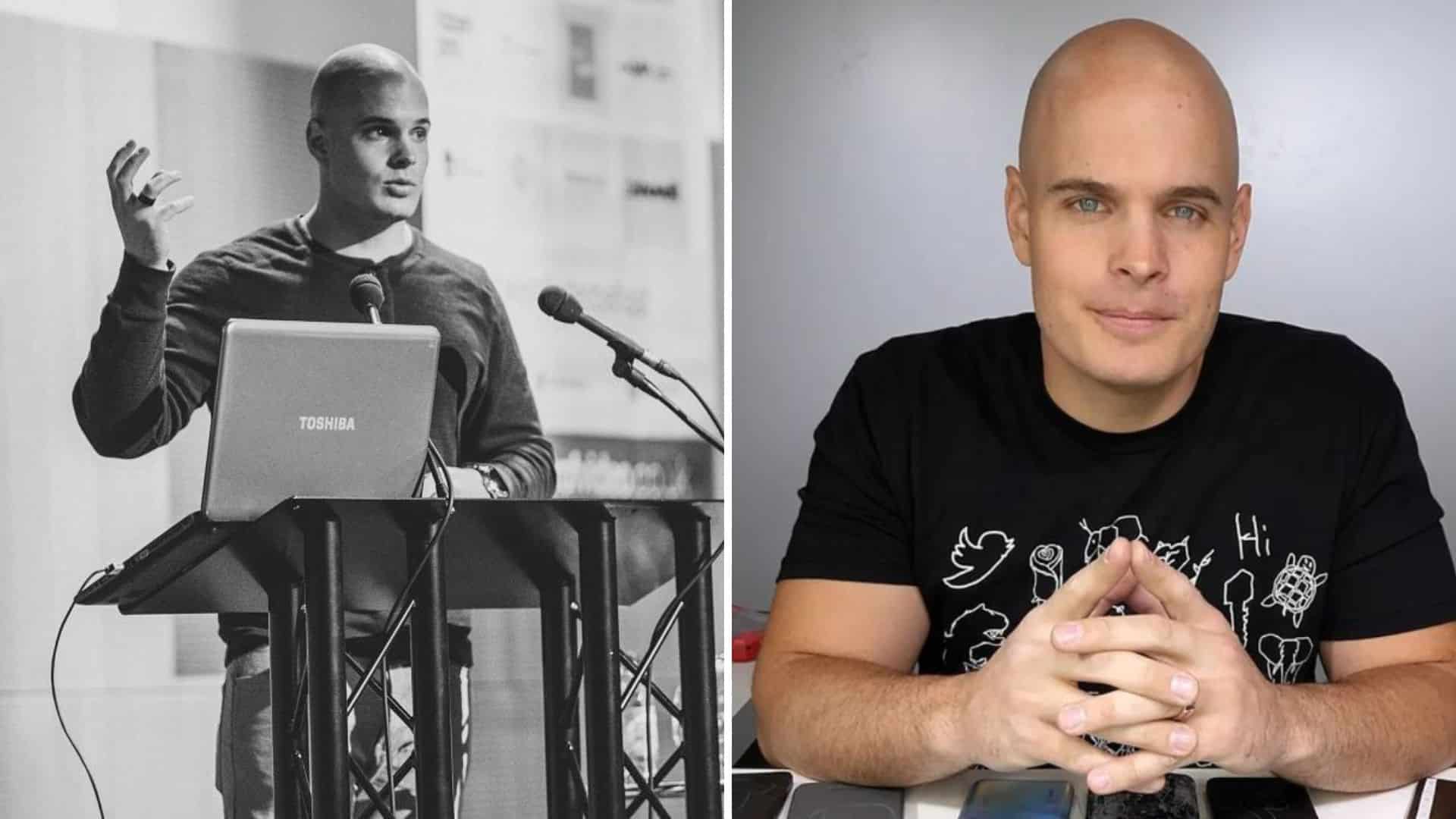 Split screen with Zack Nelson speaking at podium on left and sitting at desk on right