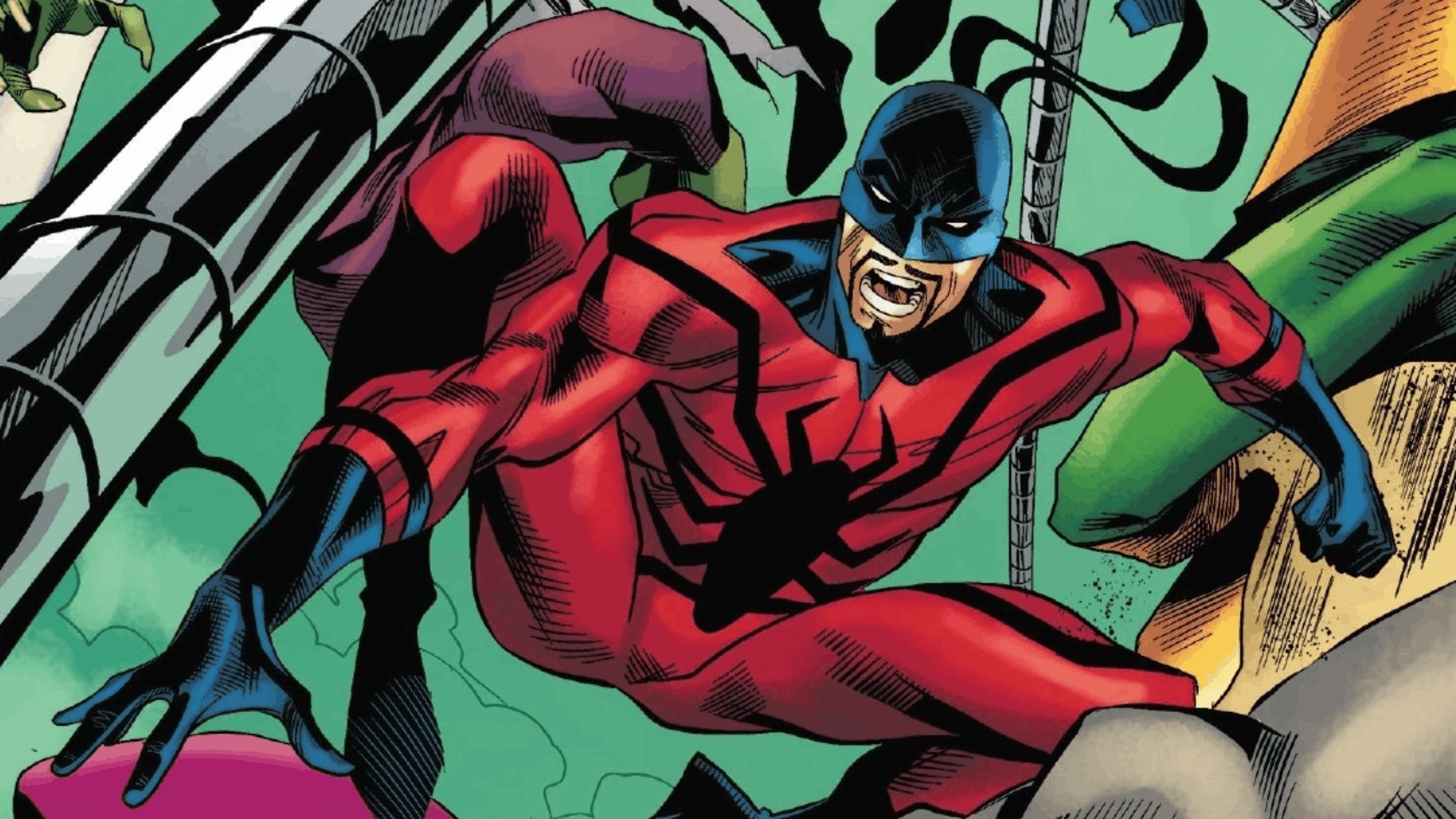 Tarantula lunges into battle in a classic Spider-Man comic panel filled with action and movement.