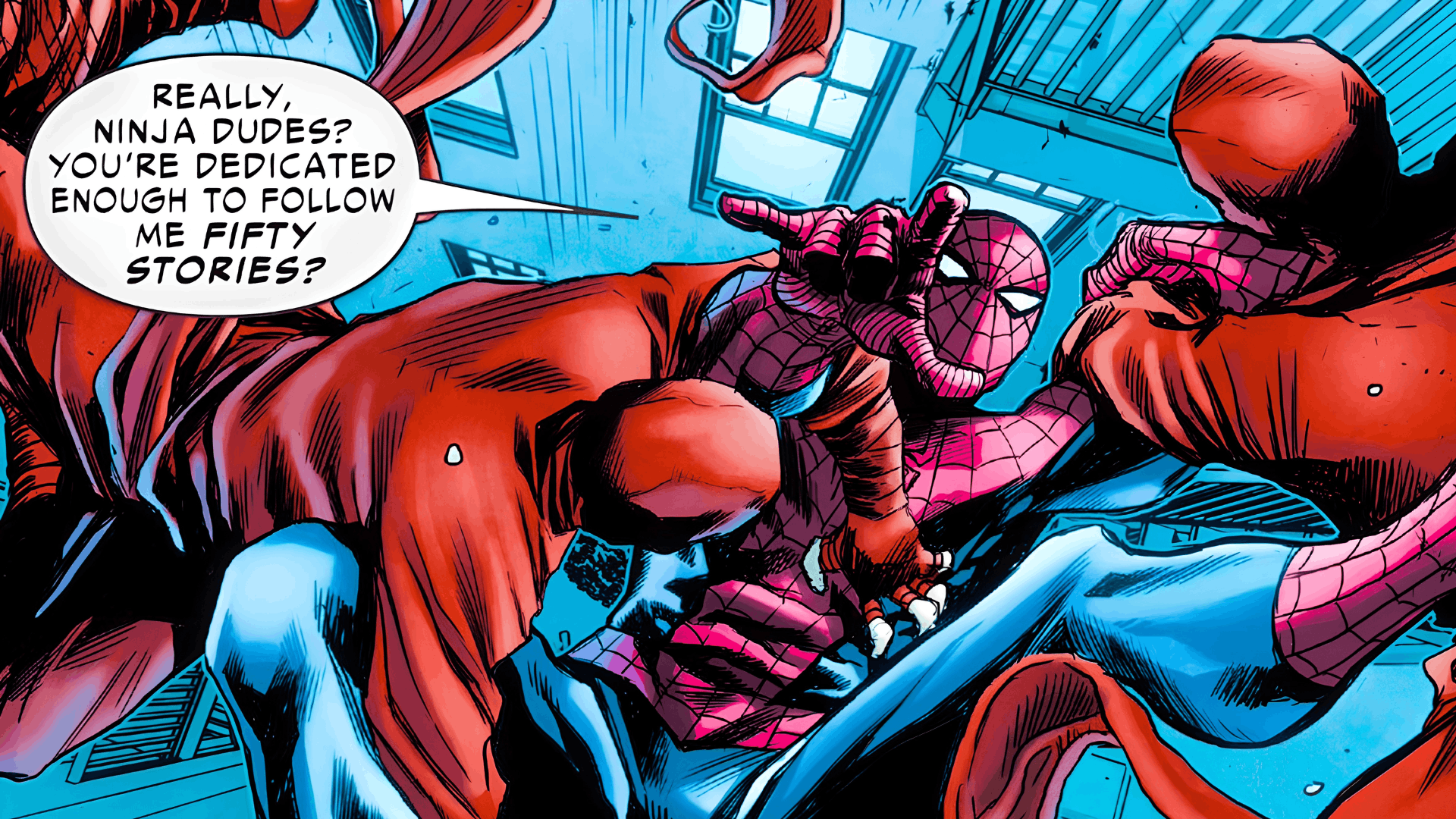 Spider-Man battles ninja enemies in a comic scene, hinting at possible ties to The Hand.