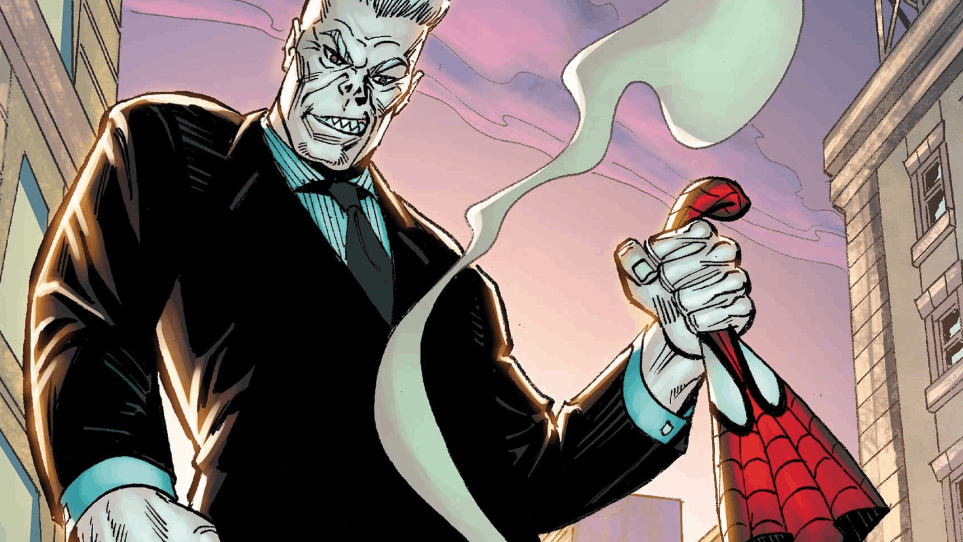 Tombstone towers over Spider-Man while gripping his mask in a threatening comic-book scene.