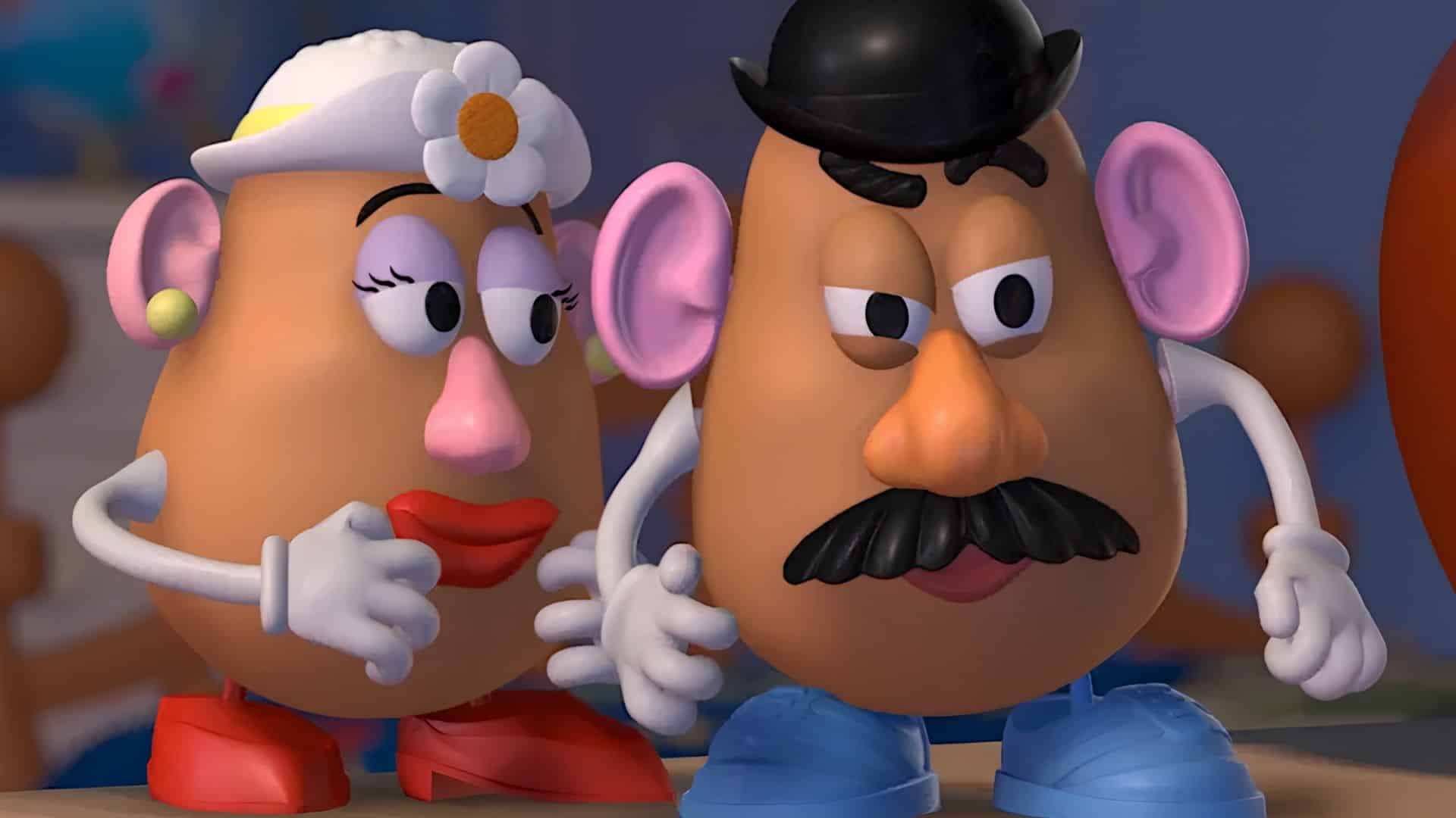 Mr. Potato Head and Mrs. Potato Head from Toy Story standing together with playful expressions.