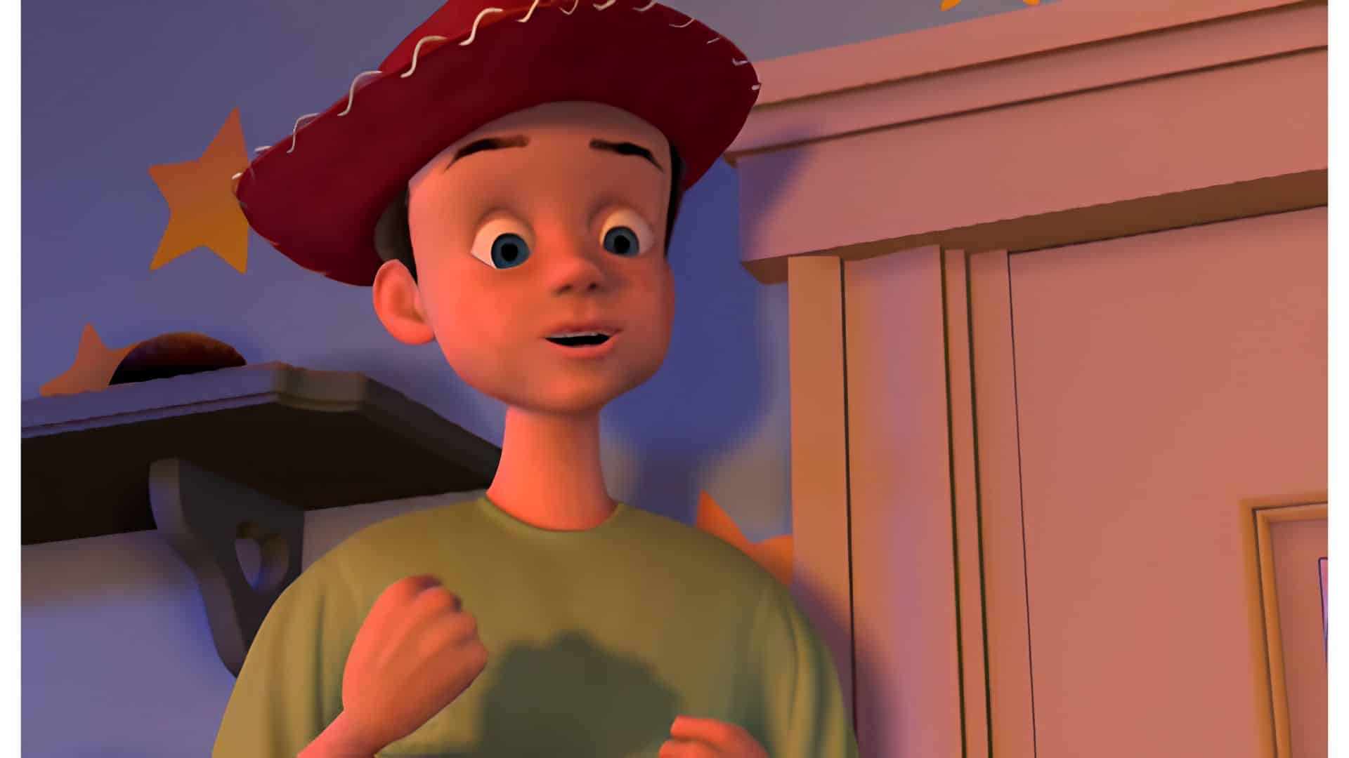 Andy Davis, Woody's owner in Toy Story, smiling in his bedroom while wearing his favorite cowboy hat.