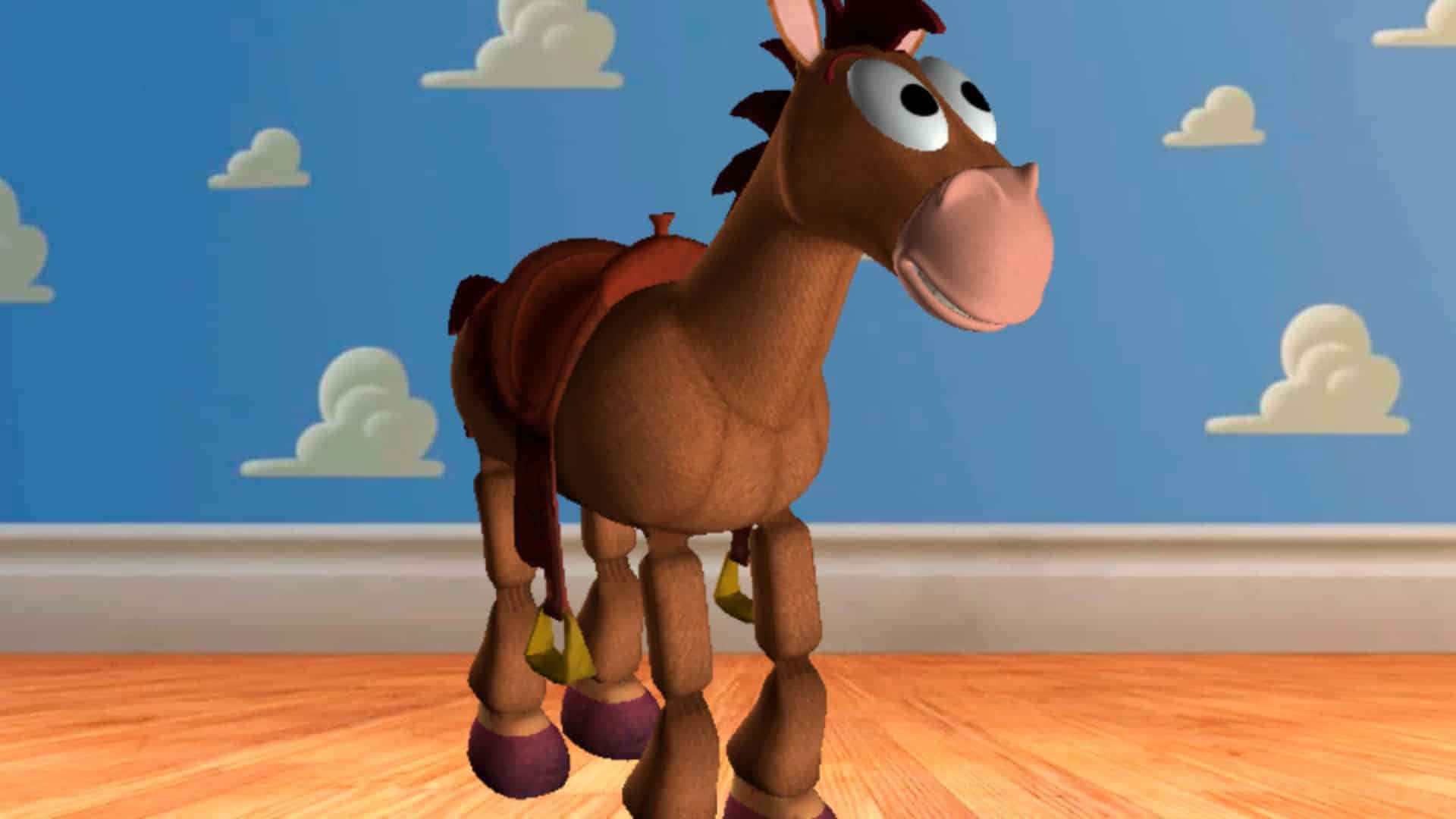 ullseye, Woody’s loyal toy horse from Toy Story, standing on a wooden floor with a blue cloud-patterned wall behind him.